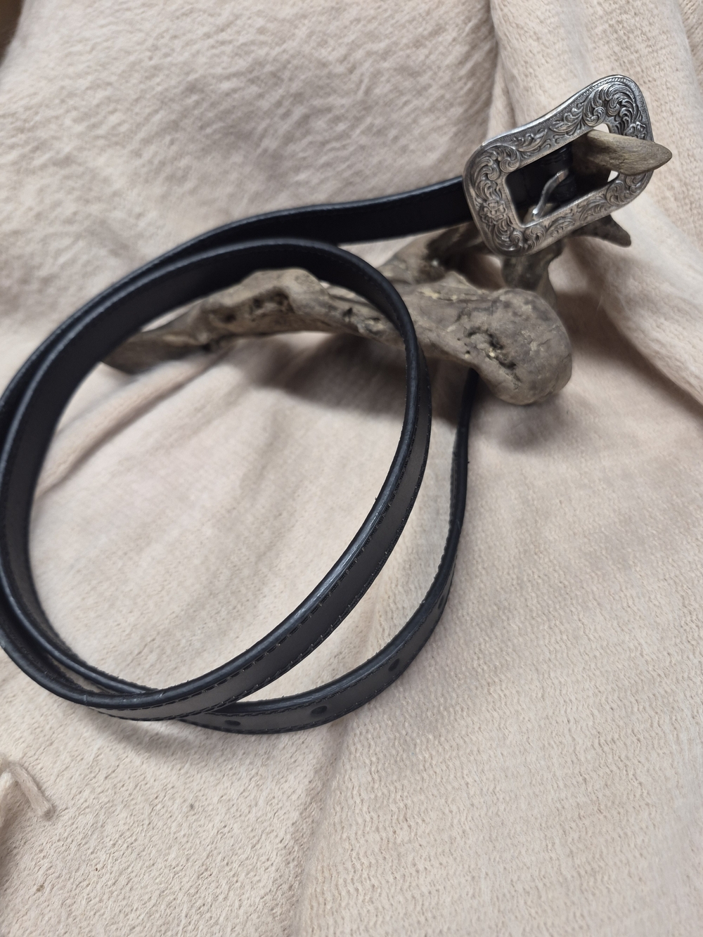 Classic Black Leather Women's Belt with Ornate Western Style Silver Buckle